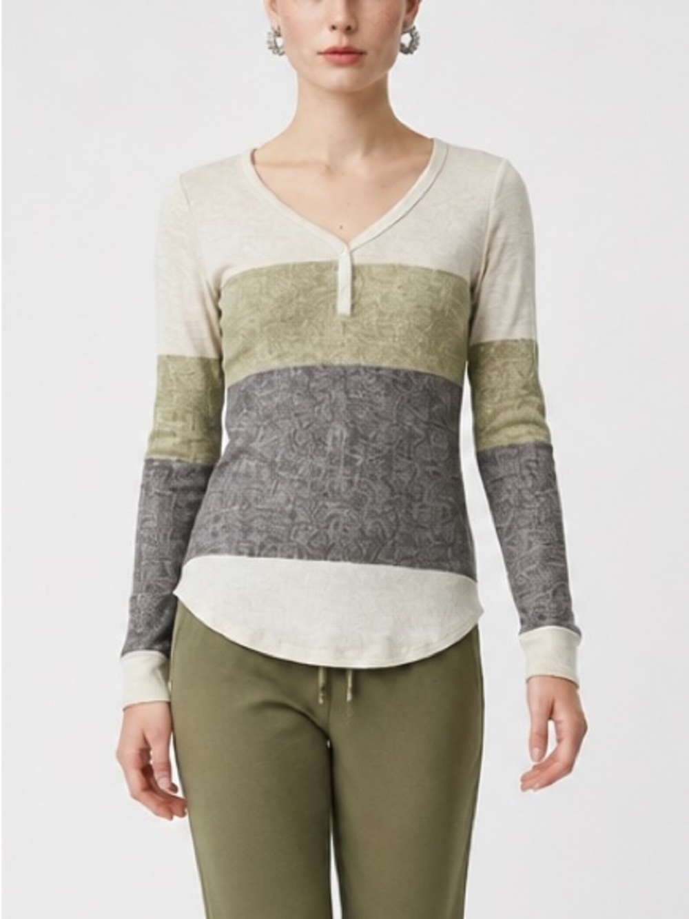 LuLaRoe Olive, Gray & Cream Long Sleeve Colorblock Henley